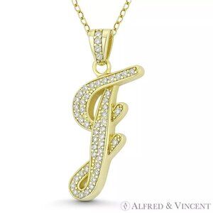 Initial Letter "I" Cursive Script CZ Crystal Pendant in .925 Sterling Silver YG